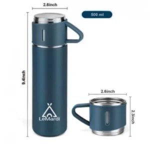 مجموعة ترمس حراري ستانلس ستيل مع 3 مجات للقهوة - ازرق